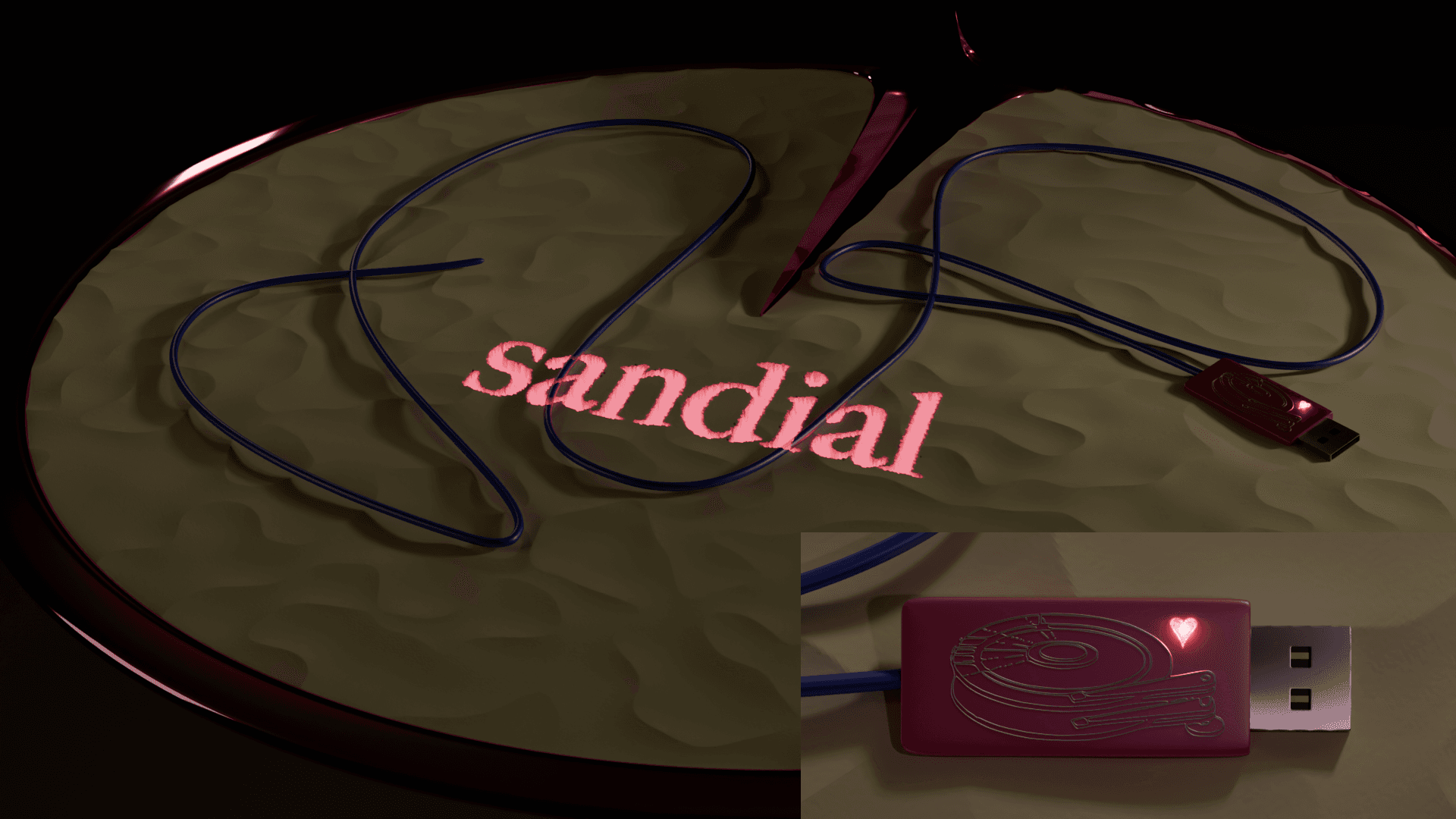 Draft cover for the EP. A 3D rendered 'Sandial' reminiscent of a sundial. Its basin is full of sand which have formed gentle dunes. Scattered in the sand are music and tech related items such as a usb stick, a lamp, a laser.