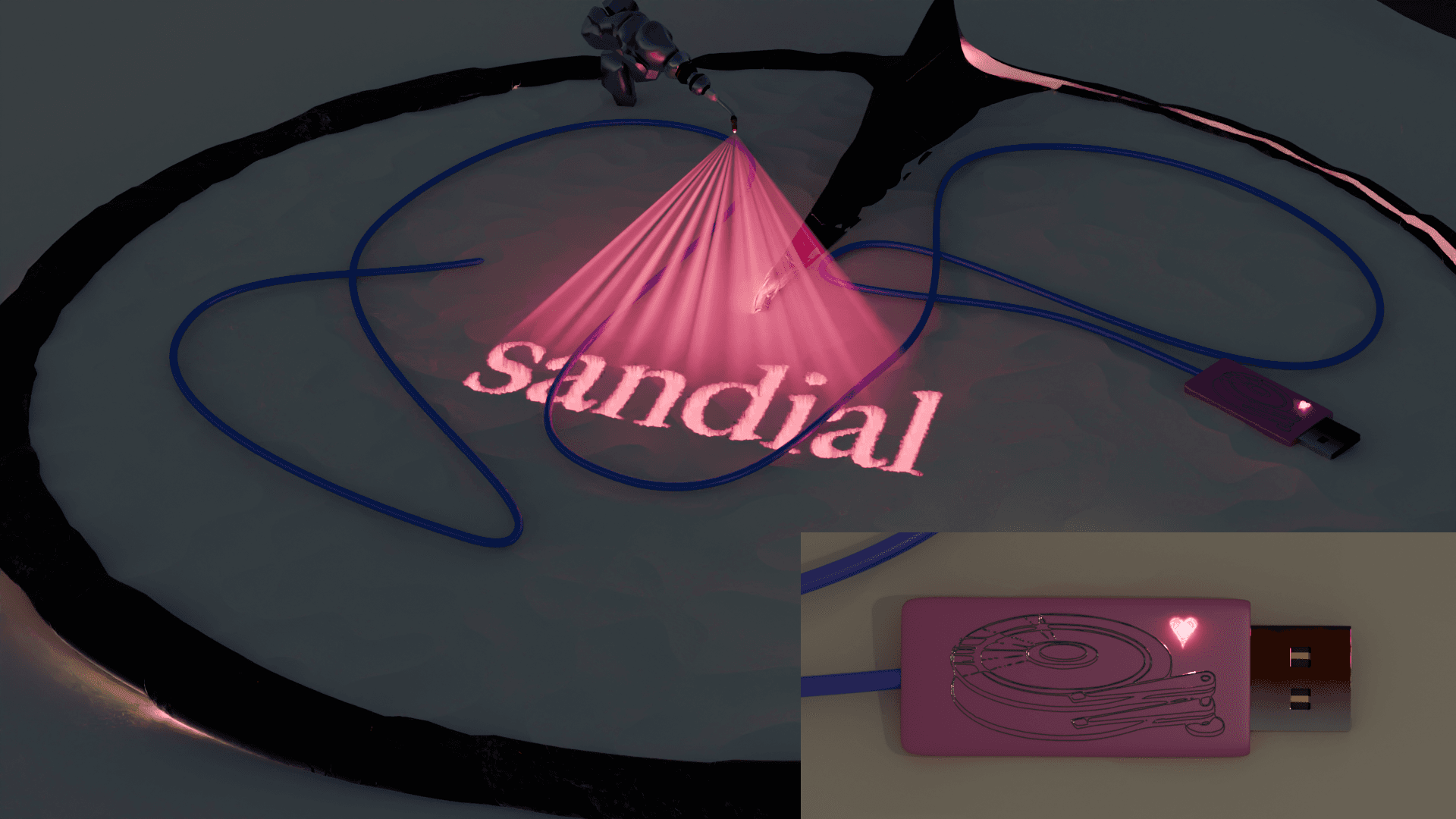 Draft cover for the EP. A 3D rendered 'Sandial' reminiscent of a sundial. Its basin is full of sand which have formed gentle dunes. Scattered in the sand are music and tech related items such as a usb stick, a lamp, a laser.