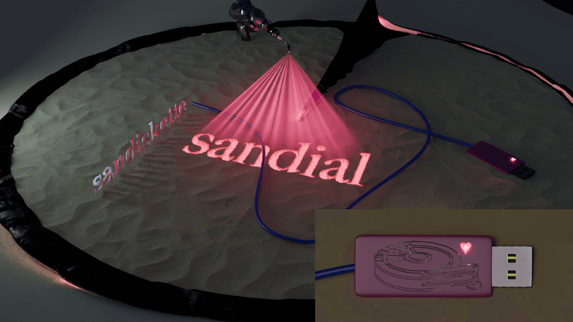 Draft cover for the EP. A 3D rendered 'Sandial' reminiscent of a sundial. Its basin is full of sand which have formed gentle dunes. Scattered in the sand are music and tech related items such as a usb stick, a lamp, a laser.