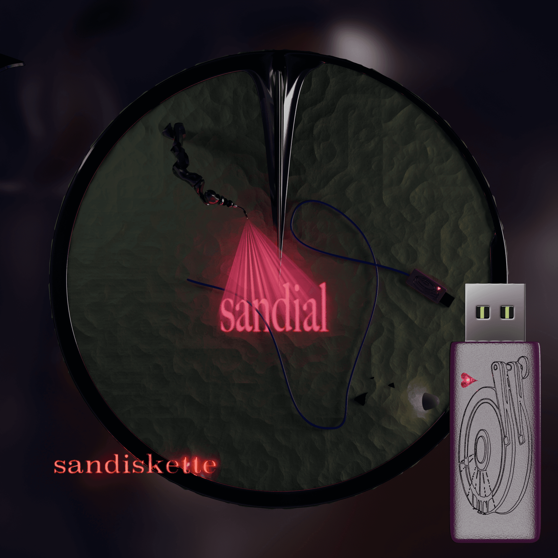 Draft cover for the EP. A 3D rendered 'Sandial' reminiscent of a sundial. Its basin is full of sand which have formed gentle dunes. Scattered in the sand are music and tech related items such as a usb stick, a lamp, a laser.