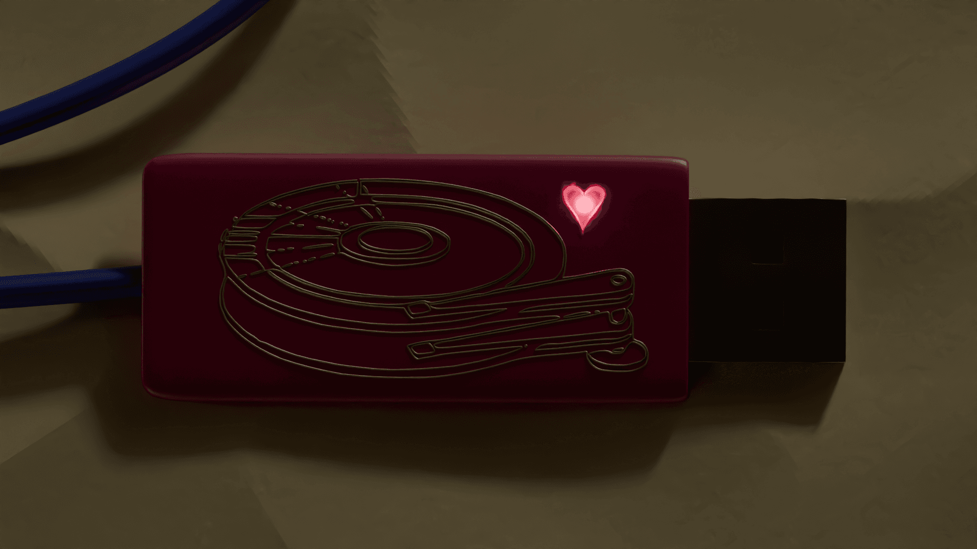 A sandiskette-branded USB stick with the hard drive logo and a love heart indicator light.